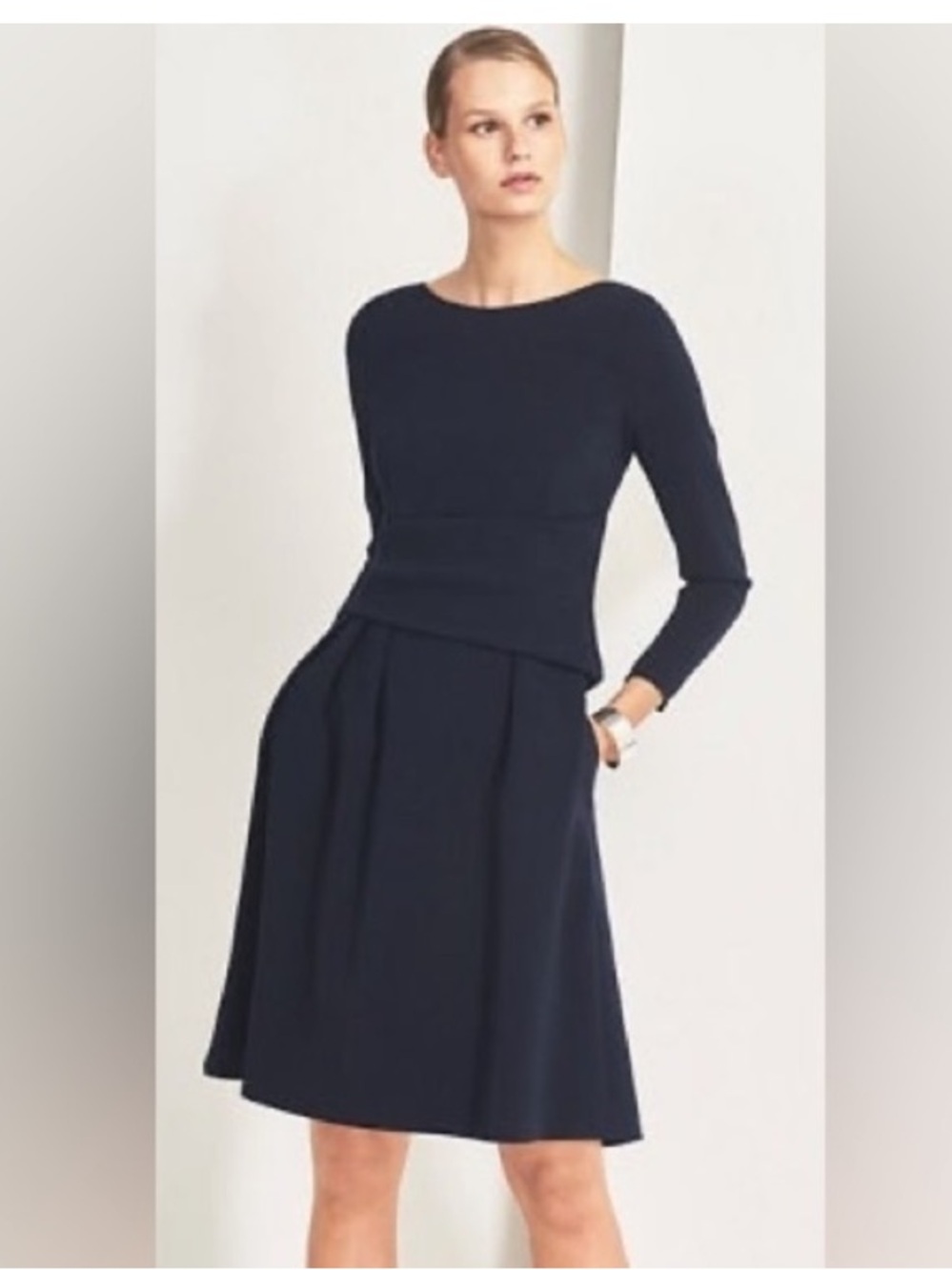 The Fold Navy Blue Elegant Chic Zipper Long Sleeve Office Career Camelot Dress 6